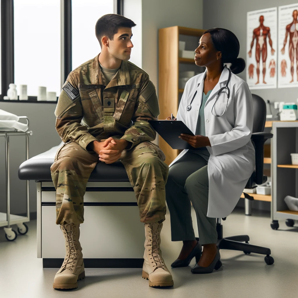 DALL·E 2023-11-21 11.24.39 - An American soldier in military uniform is sitting in a doctors office. The soldier is depicted as a young Caucasian male with short hair, wearing ca