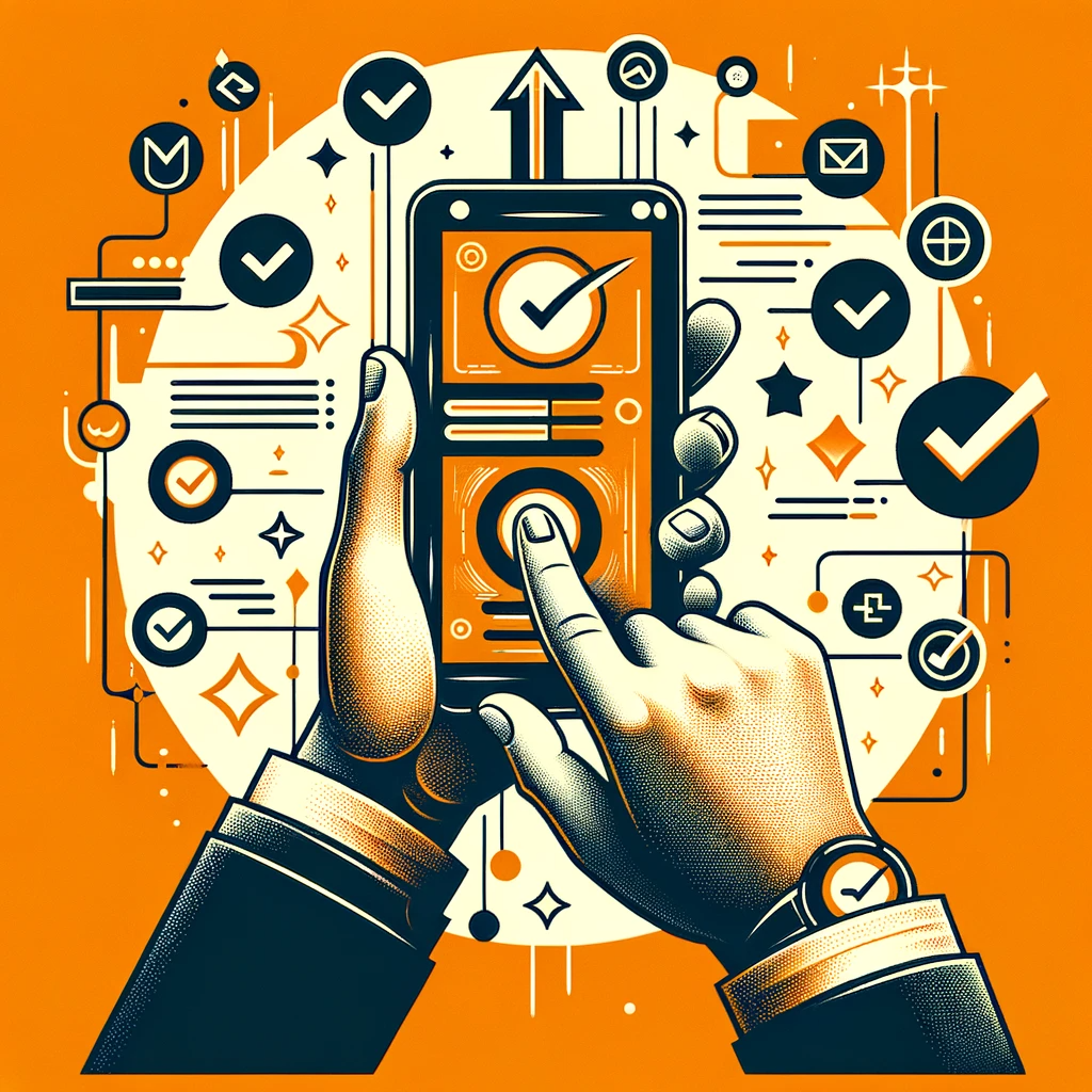 DALL·E 2023-11-21 11.56.56 - Create an illustration on an orange background that abstractly depicts the concept of a coordinator approving a case using a mobile app, without any t