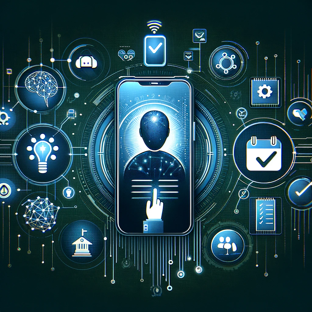 DALL·E 2023-11-21 12.00.01 - Illustrate the concept of an AI scheduling an appointment with a specialist using a mobile app, on a dark blue or dark green background, without any t