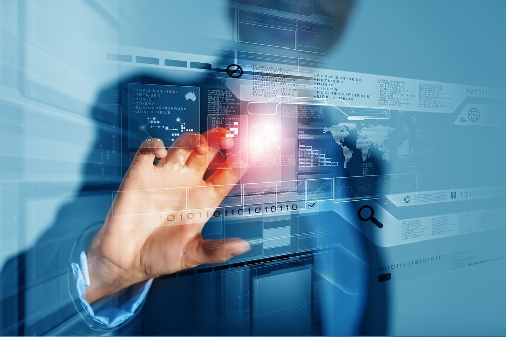 Close up of businessman hand pushing icon on media screen